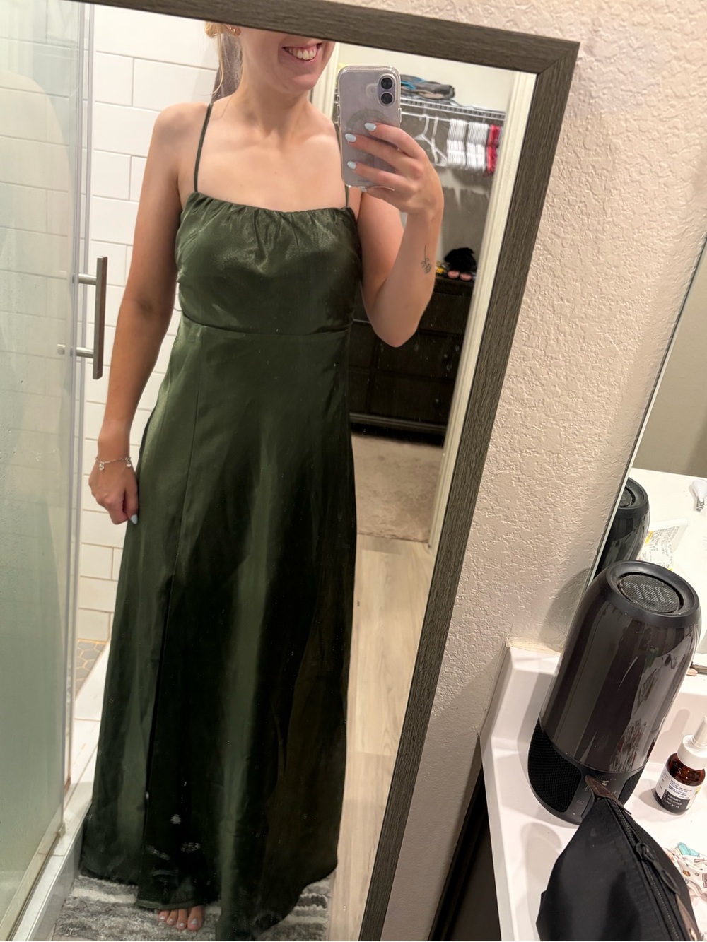 Olive Green Satin Maxi Dress with Spaghetti Straps
